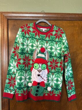 Festive Llama Christmas Sweater in Red, Green, White